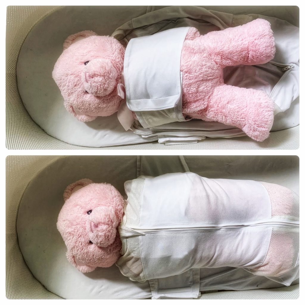 Stuffed bear in the SNOO bassinet swaddle